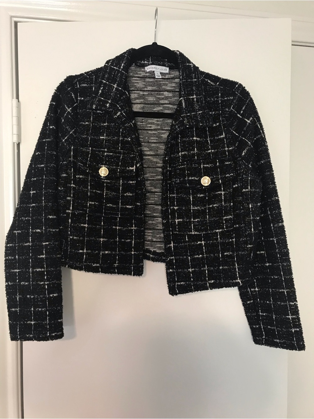 Sincerly Jules Black Tweed Cropped Blazer with Gold Buttons